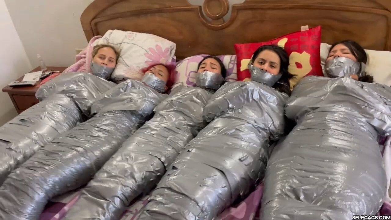 5 Mummified Girls Barefoot In Duct Tape Bondage #16