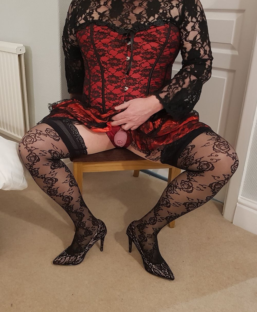 Crossdressing in floral lace lingerie, skirt and heels #9