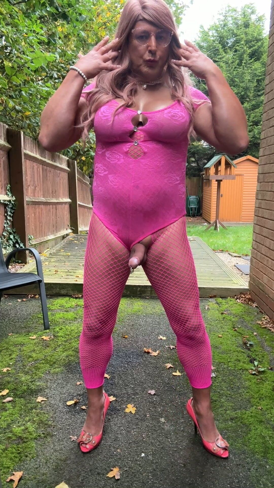 Crossdresser kellycd2022 in pink playsuit and fishnets  #27