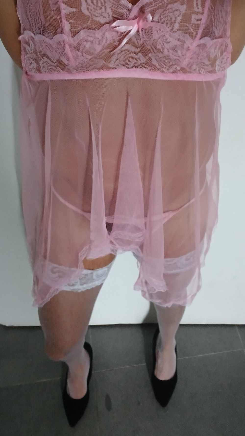 Transparent Pink nightie &amp;white stoking high heels #26