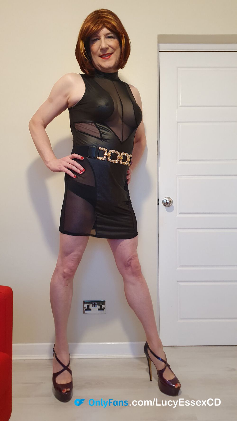 Big Cock TGirl Lucy in black mesh panel minidress #2