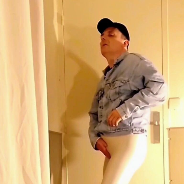 Cock stroking through white vinyl leggings - Part 4