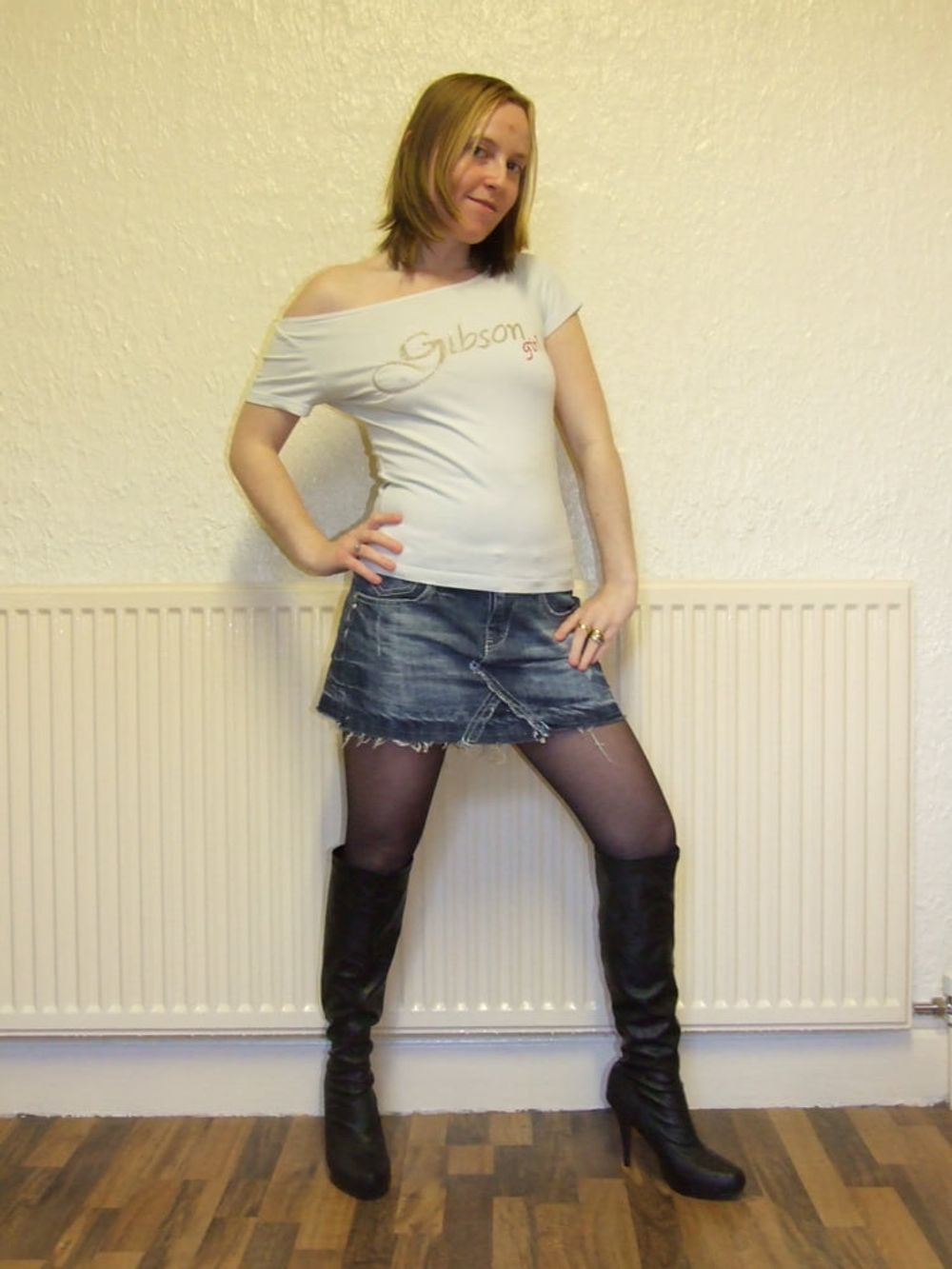 Pantyhose Denim Miniskirt tight top and Boots #5