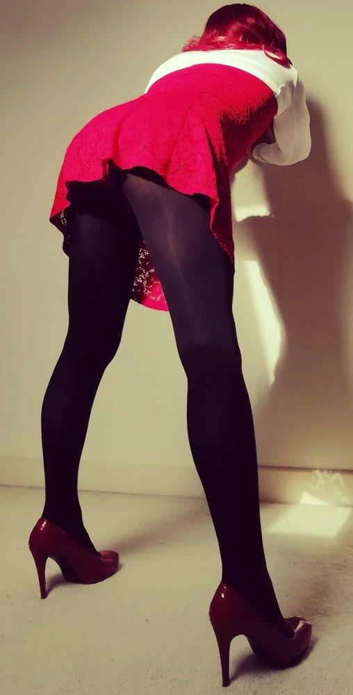 Marie crossdresser in red dress and opaque tights #5