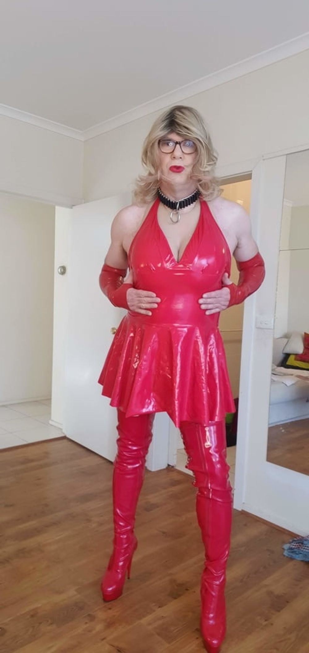 Rachel Wears Red PVC Dress #3