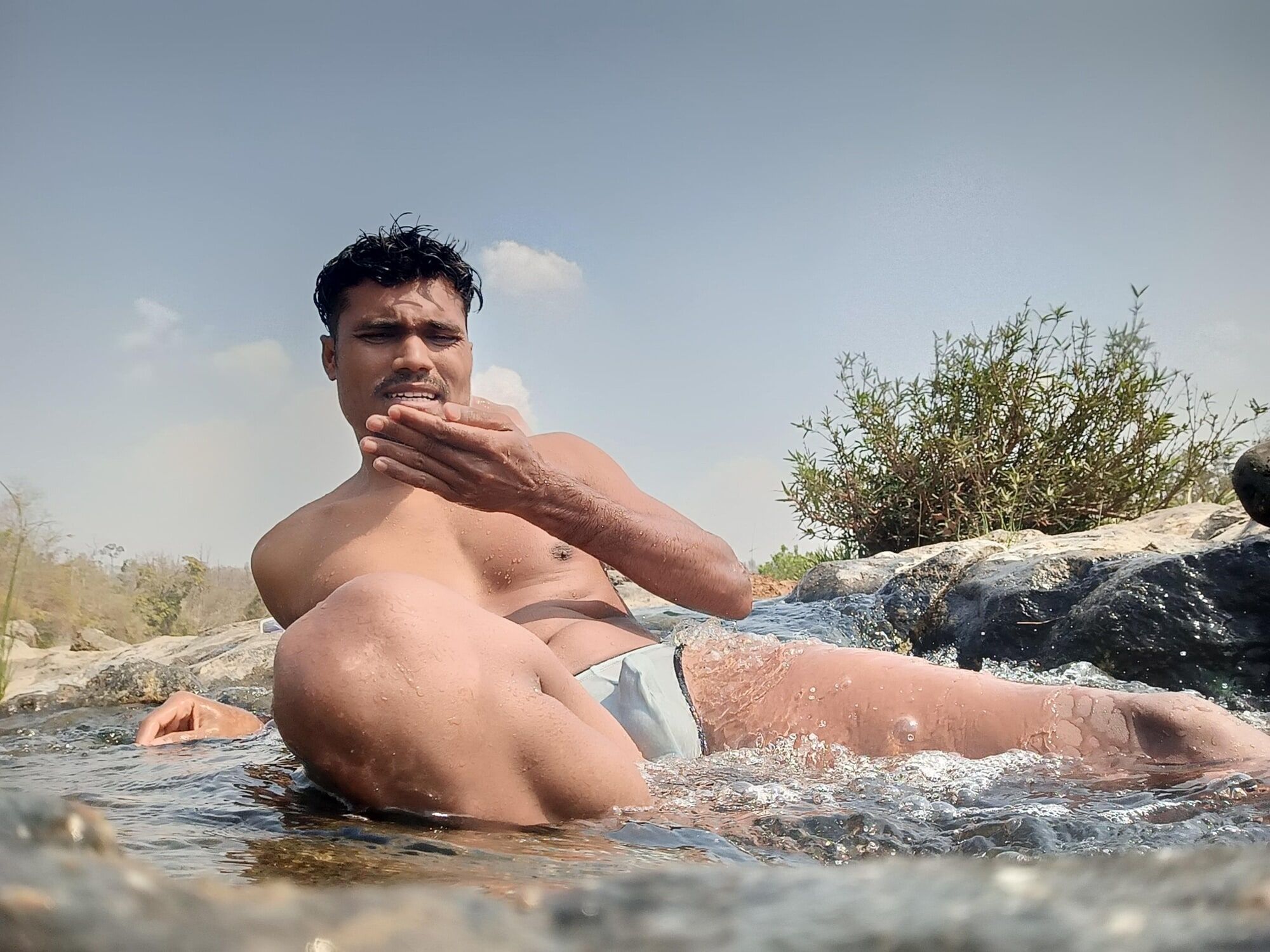 Hot muscular gym boy outdoor in river bathing enjoying swimm #37