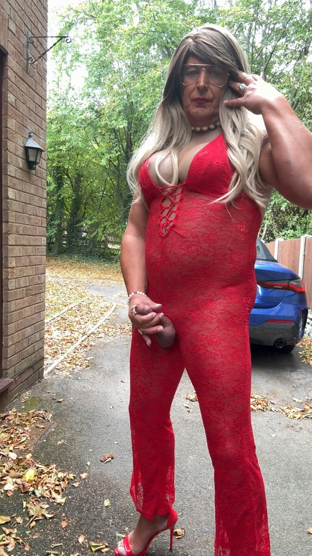 Sexy Crossdresser kellycd2022 in red lace jumpsuit and heels #44