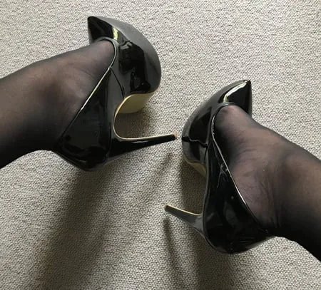 black tights heels close up           