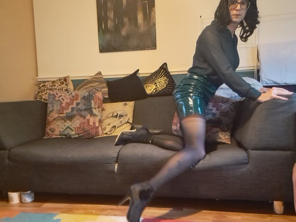 Danni in a latex skirt, sexy lingerie and seamless pantyhose #36