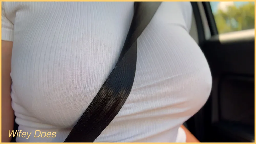 Wifey with perfect braless tits flashing in the car #6