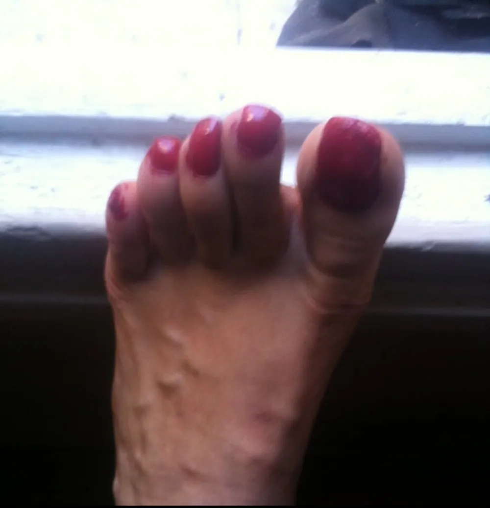 red toenails mix (older, dirty, toe ring, sandals mixed). #5