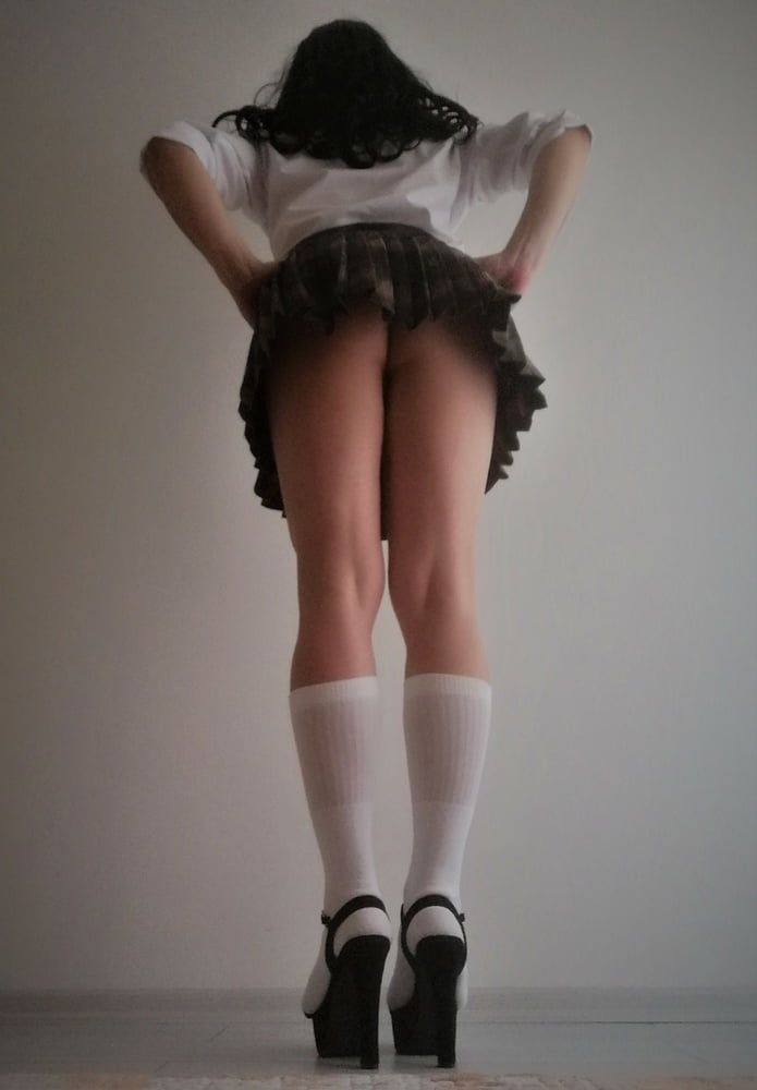 Sissy School Girl, Black High Heels & Skirt #15