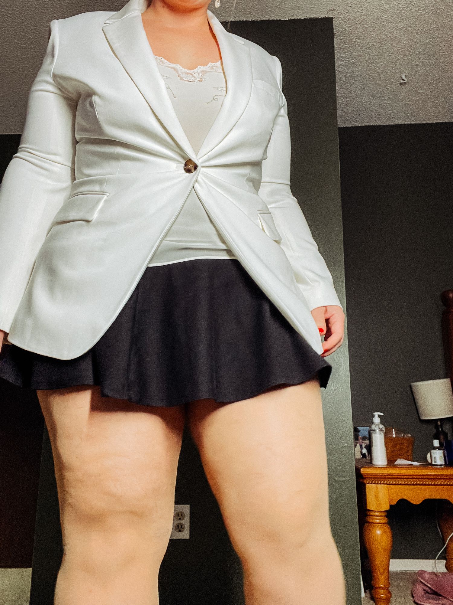 BBW in a mini black skirt and nylons with heels Big Thighs #5