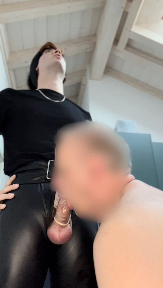 Leather leggings twink Katwinka getting his cock sucked! #12