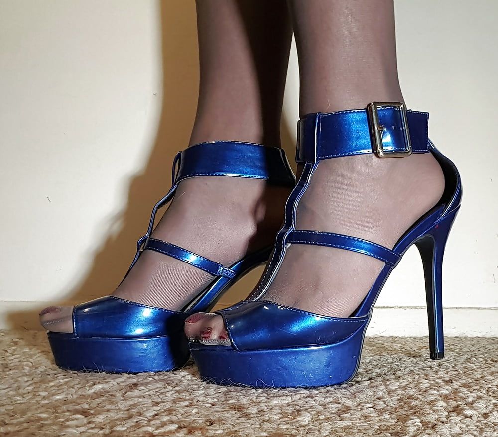 Pantyhose and Shiny Blue Heels #9