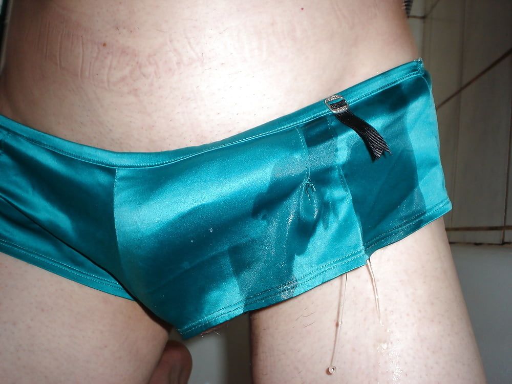 Leatransteen peeing and cum in Green Satin Lingerie  #20