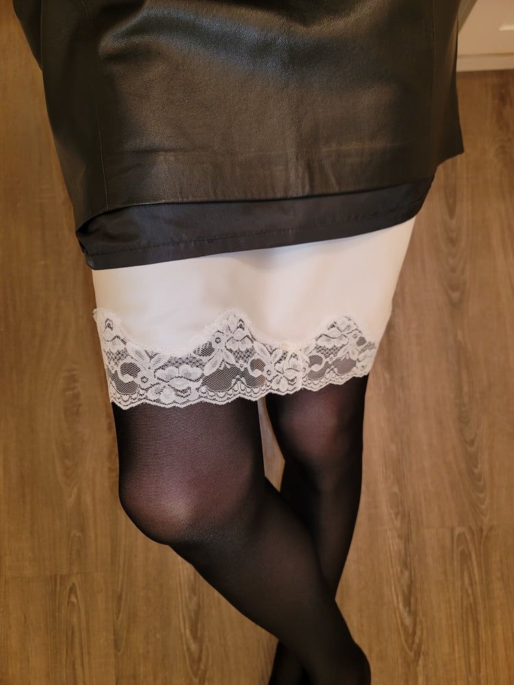 Leather Pencil Skirt with White Half Slip #15