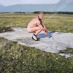 Sissy male Sub in open Land, pervert Slave with Erection