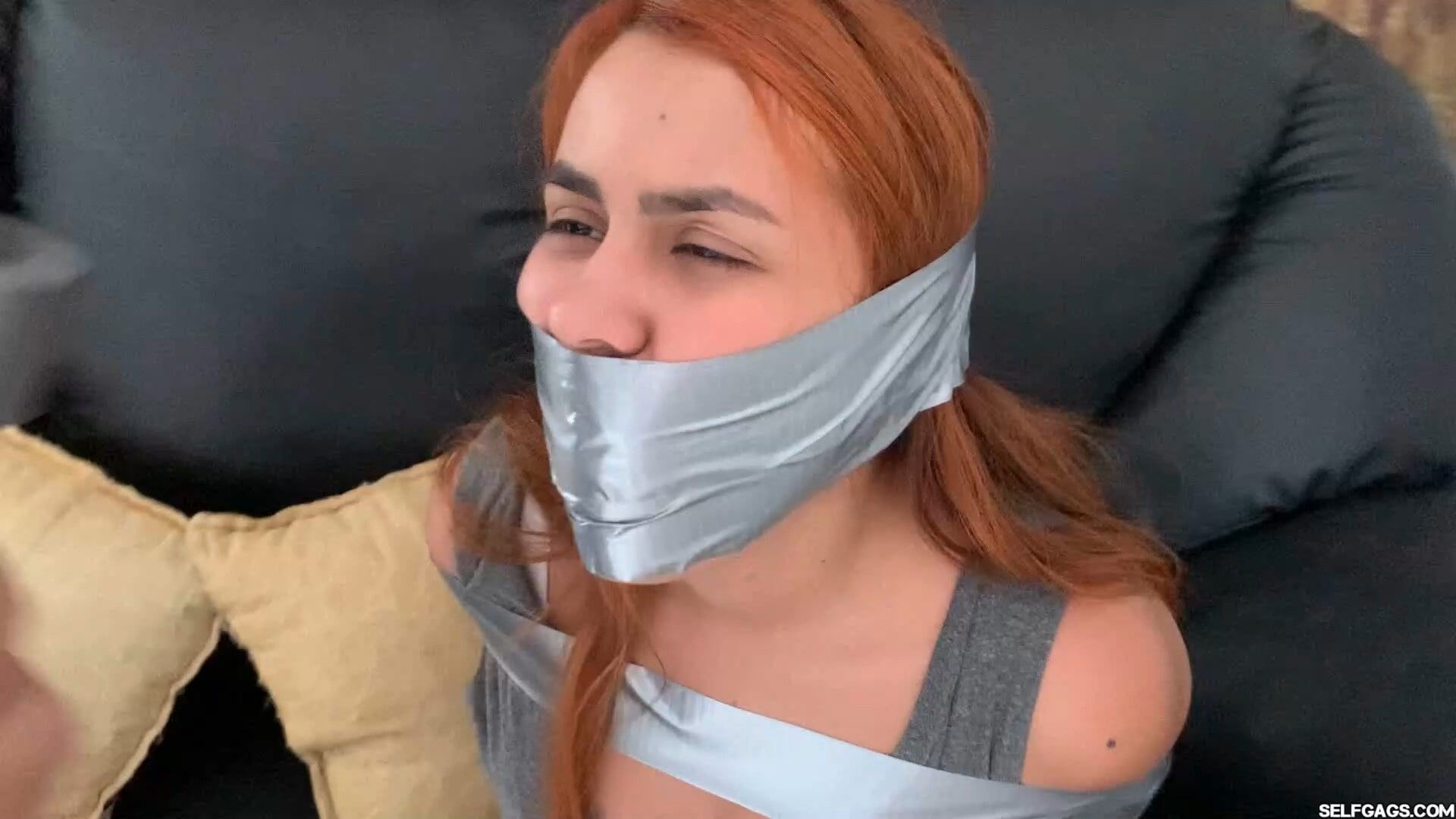 Hogtaped Student Lectured With Foot Whipping In Tape Bondage #12