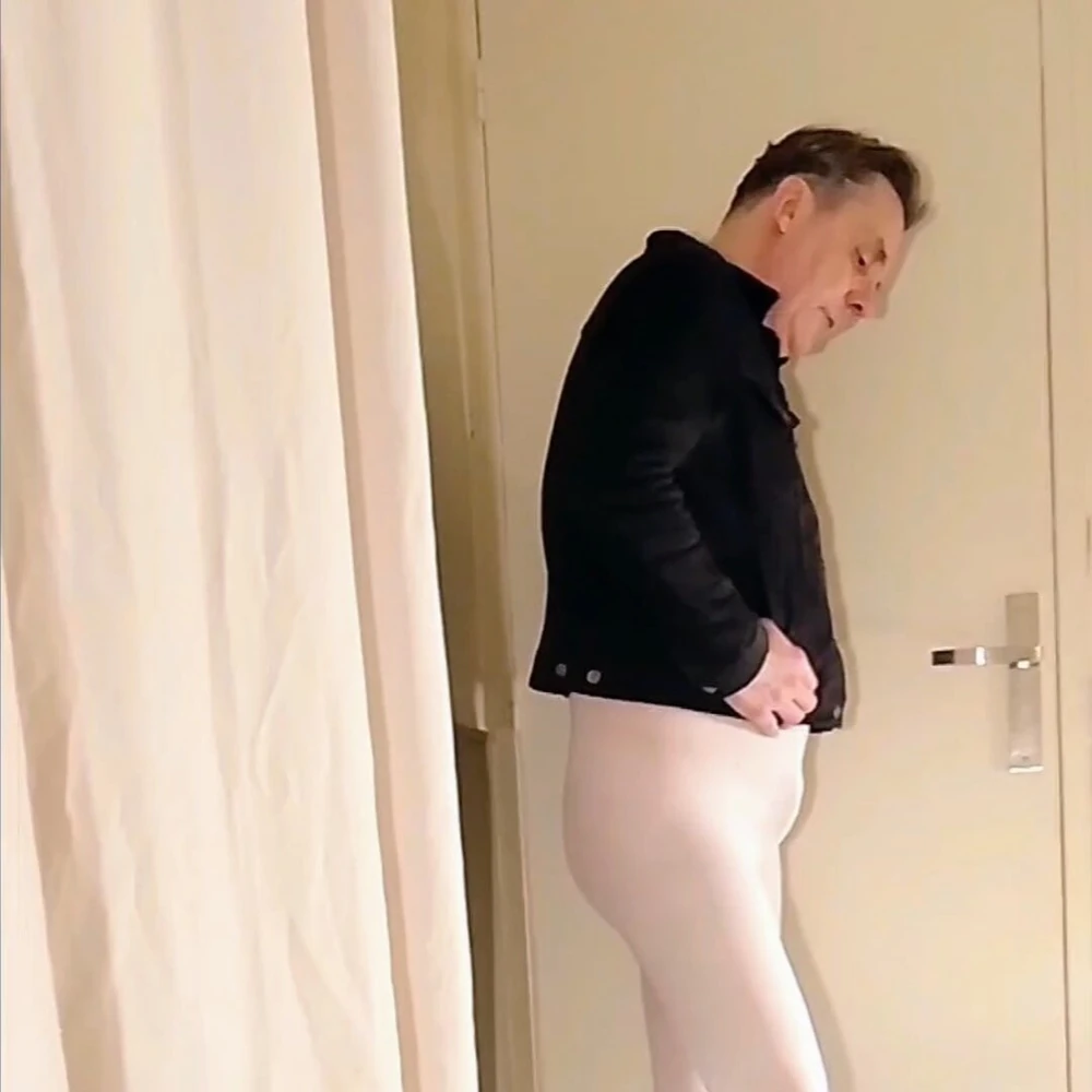 Cock stroking in white open pantyhose #6