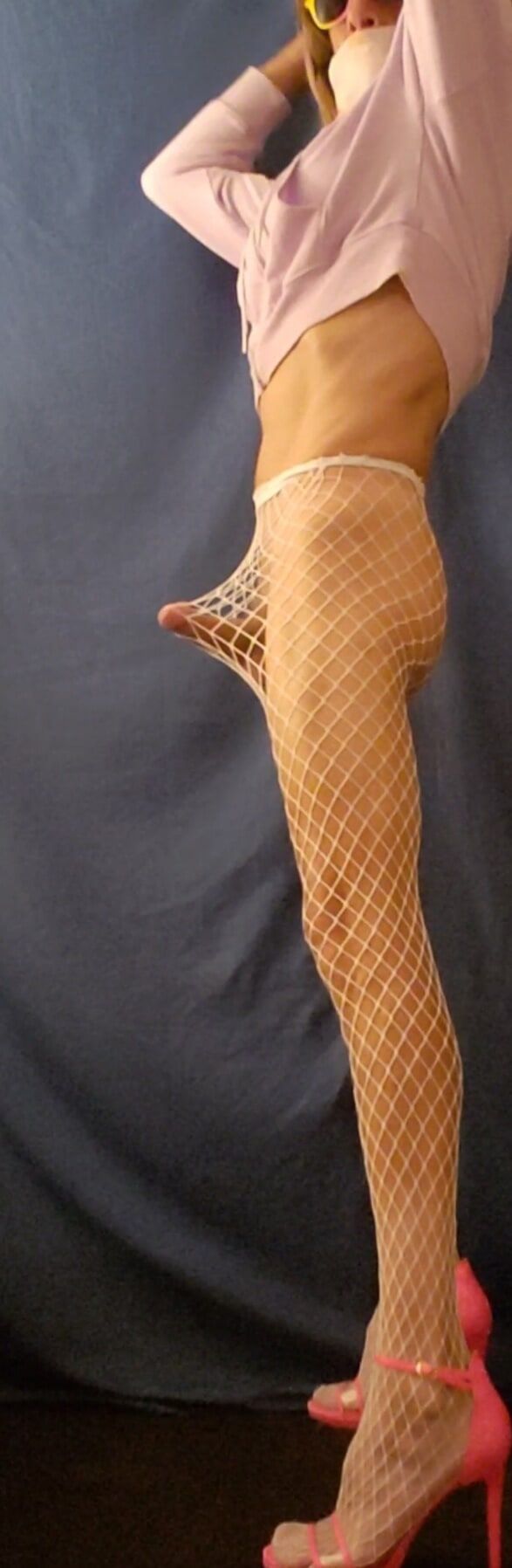 Sexy Sandy in white fishnet stockings #2