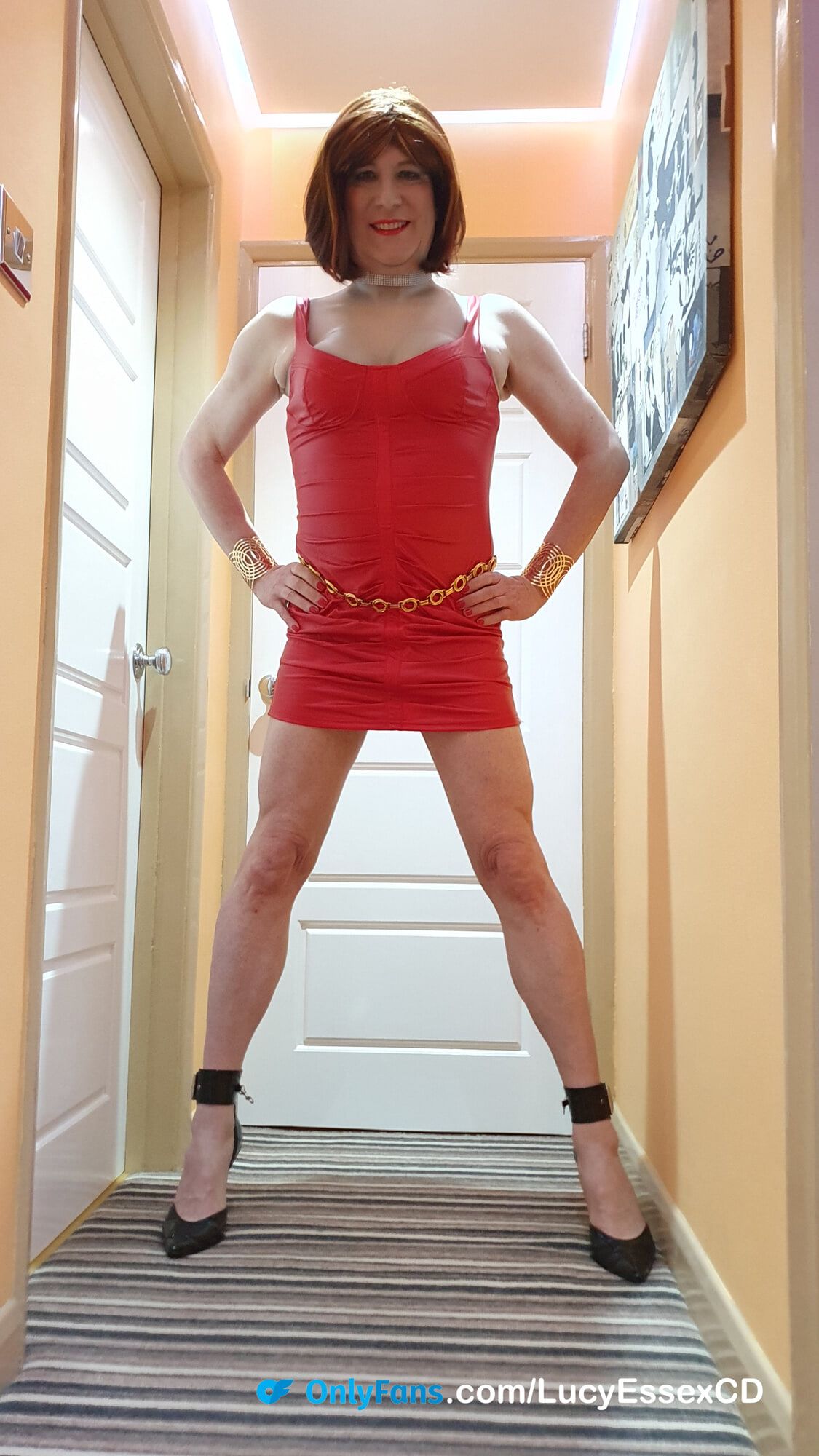 Sexy Sissy Lucy Essex CD showing off in red wet look dress #11