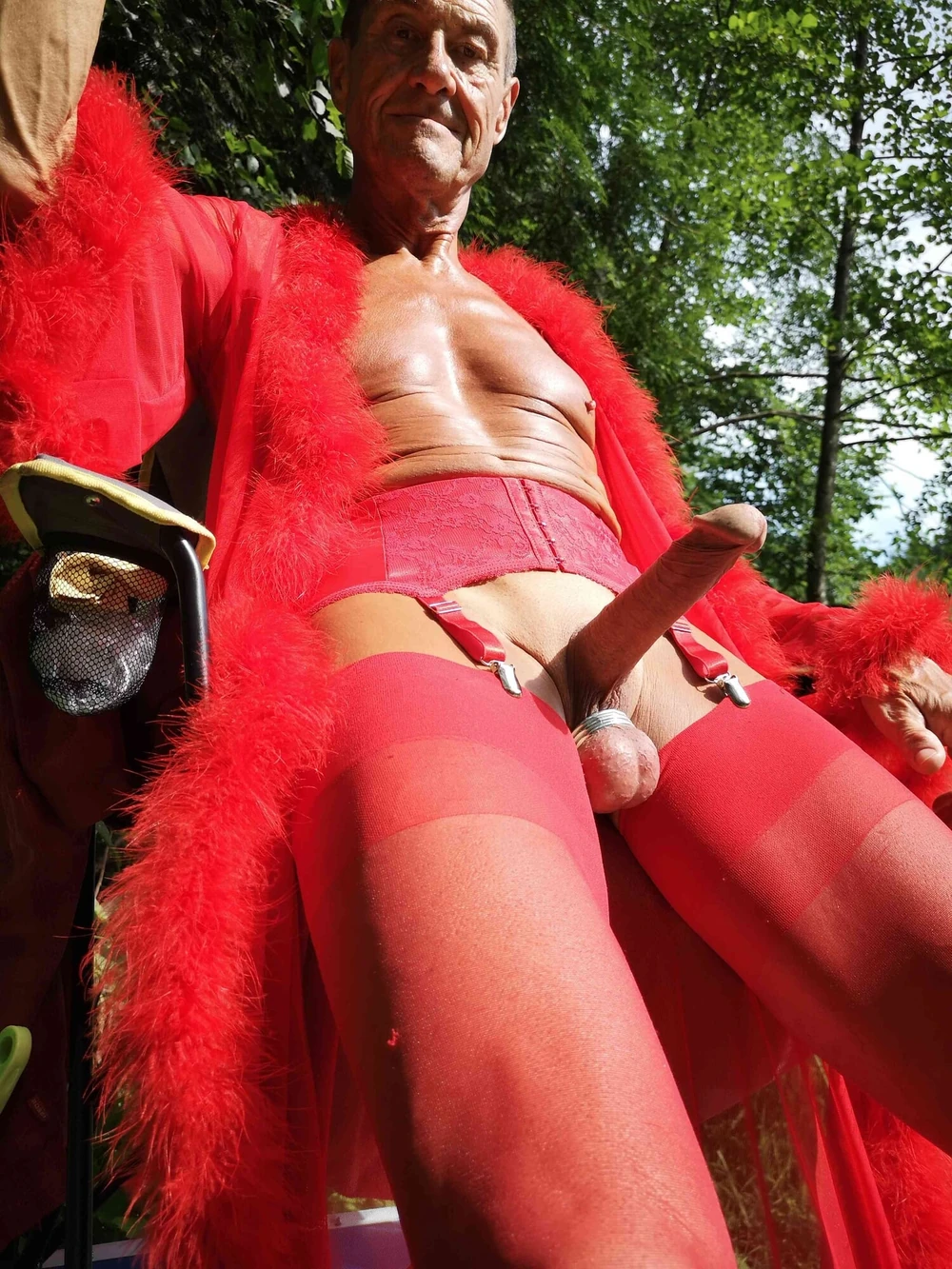 Crossdresser in red Lingerie at public Nudist Lake #16