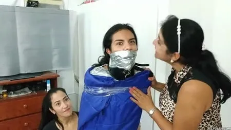 heavily duct tape mummified by crazy bondage women         