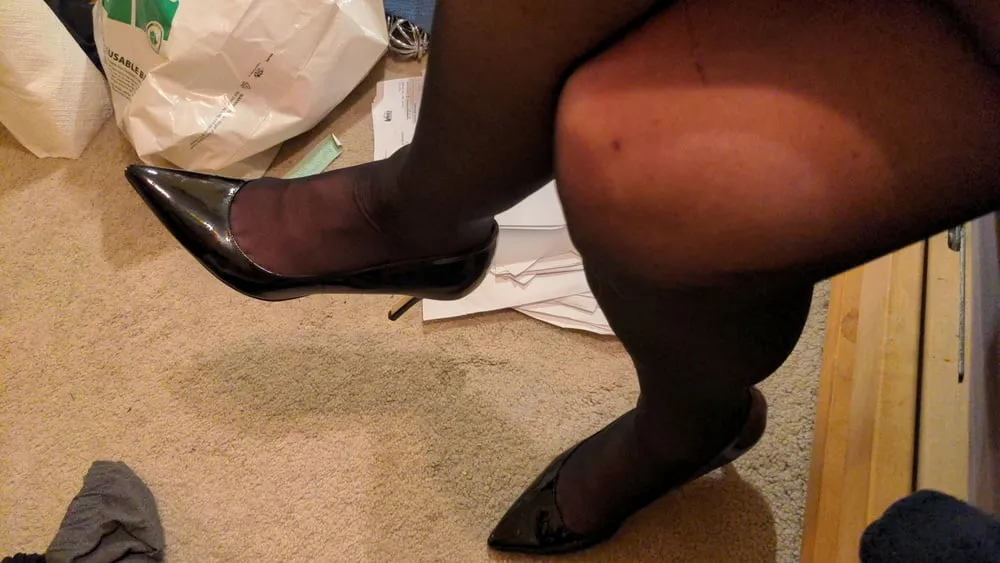 stockings  striped skirt and patent pumps #3