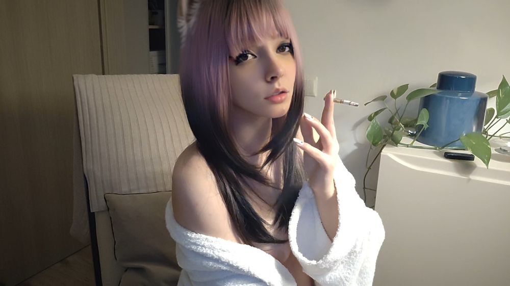 Small titties Egirl in bathrobe smoking #9