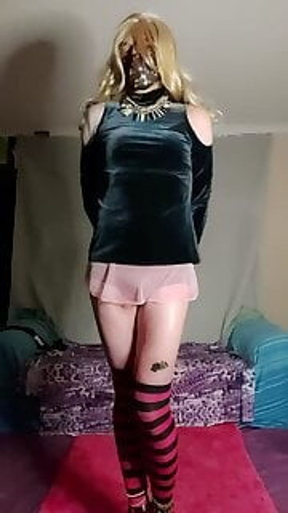 Pink skirt and blue velvet top #3