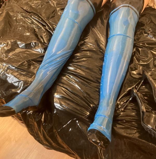Transparent Blue Latex Stockings and Black Mules #3