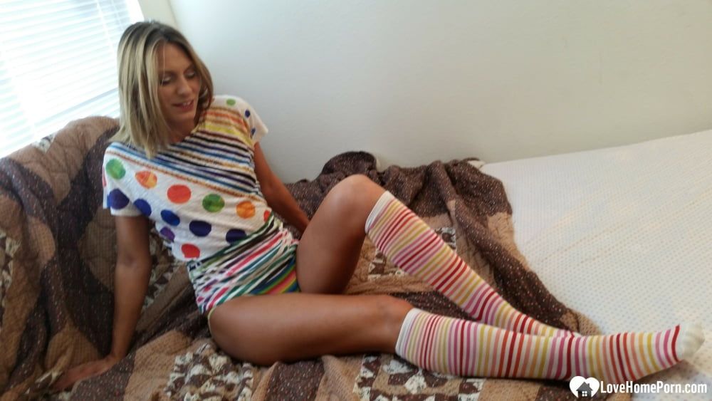Babe with cute socks shows her dildo skills #8
