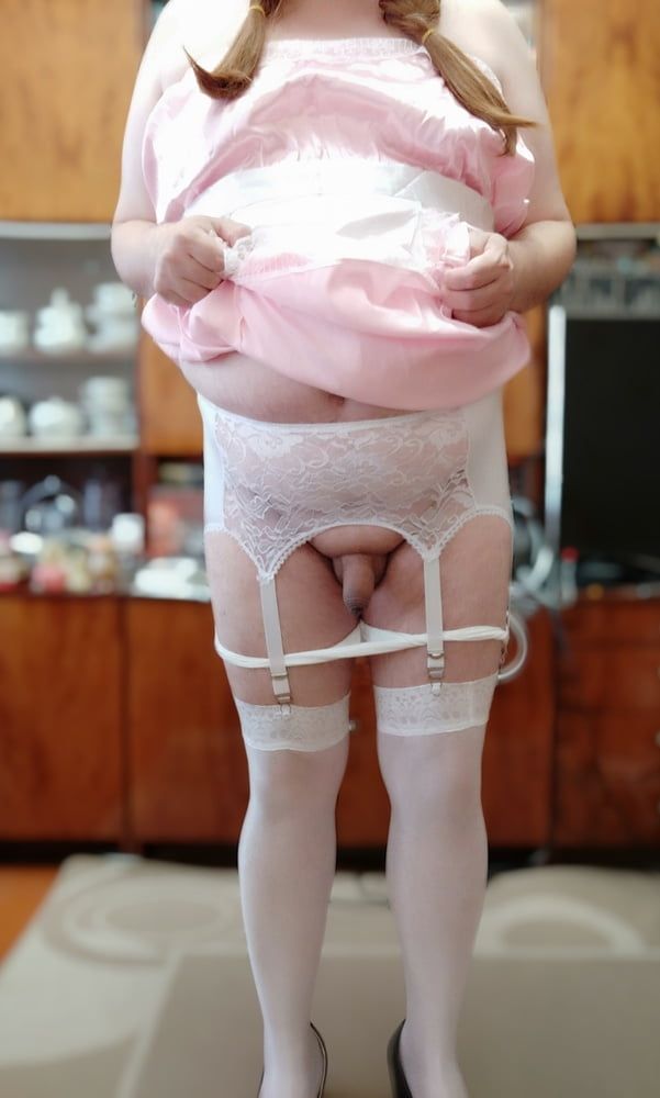 Sissy maid posing in white stockings #12