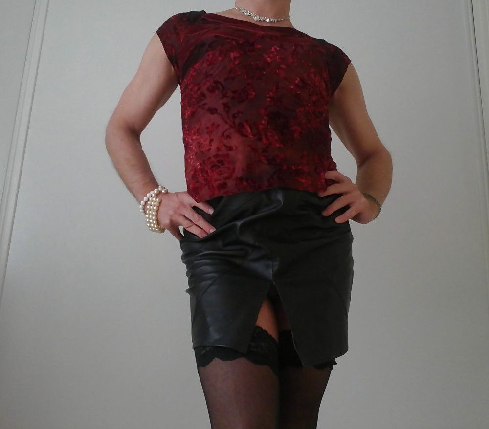 ma as a classy sexy lady, leather skirt and black stockings