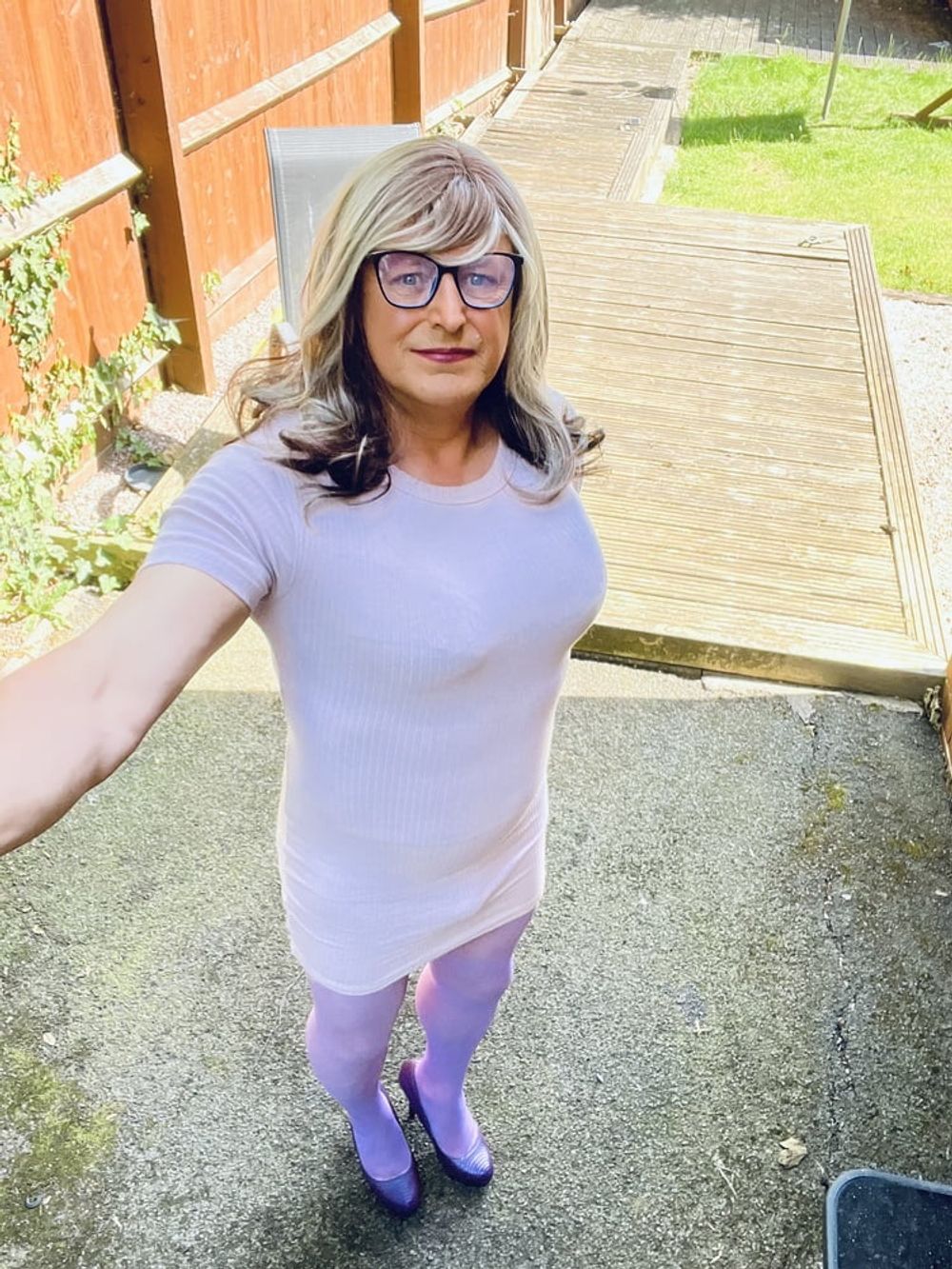 Crossdresser Kellycd in lilac dress and seamless pantyhose  #21