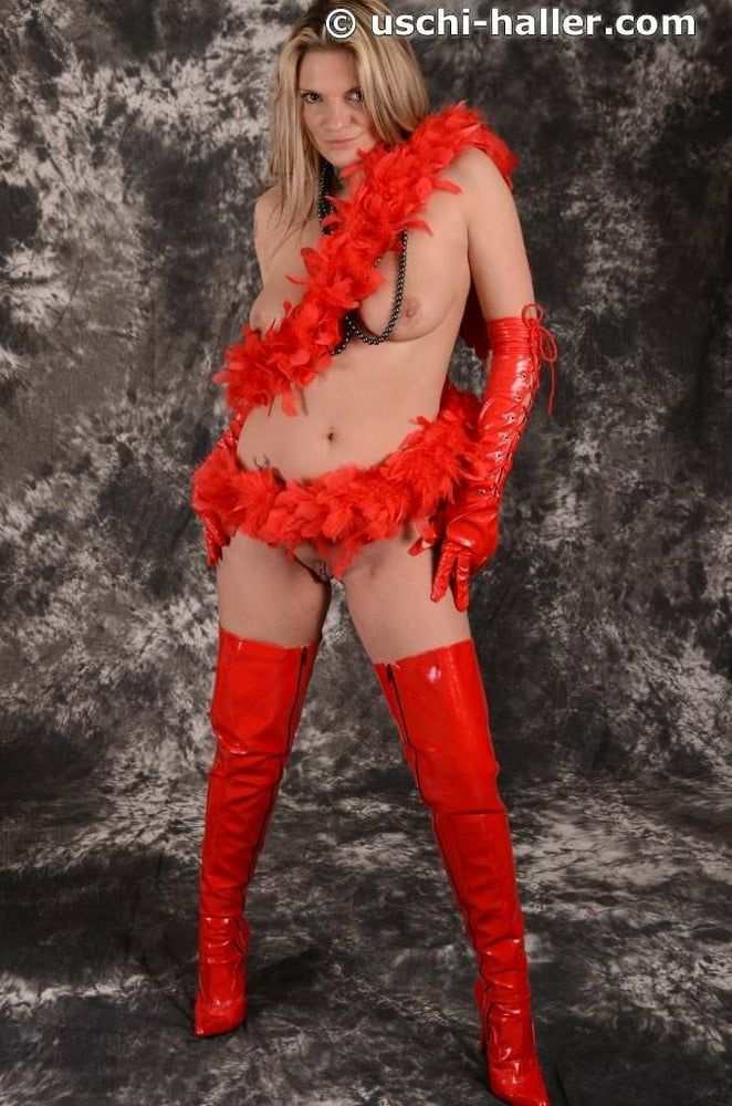 MILF Arabella May in red high boots, gloves & feather boa #32