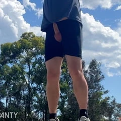 Straight guy playing outdoor basketball dick out in public
