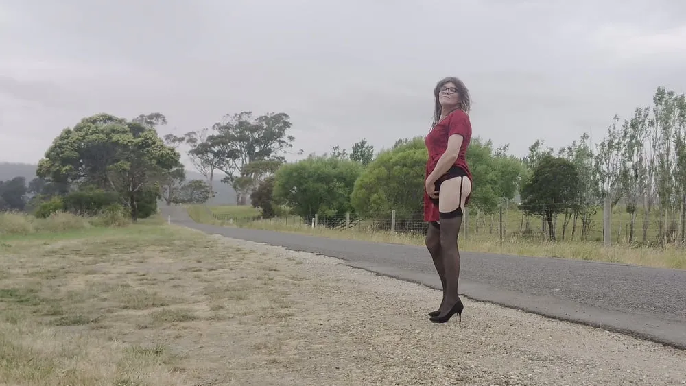 Crossdress road trip red dress