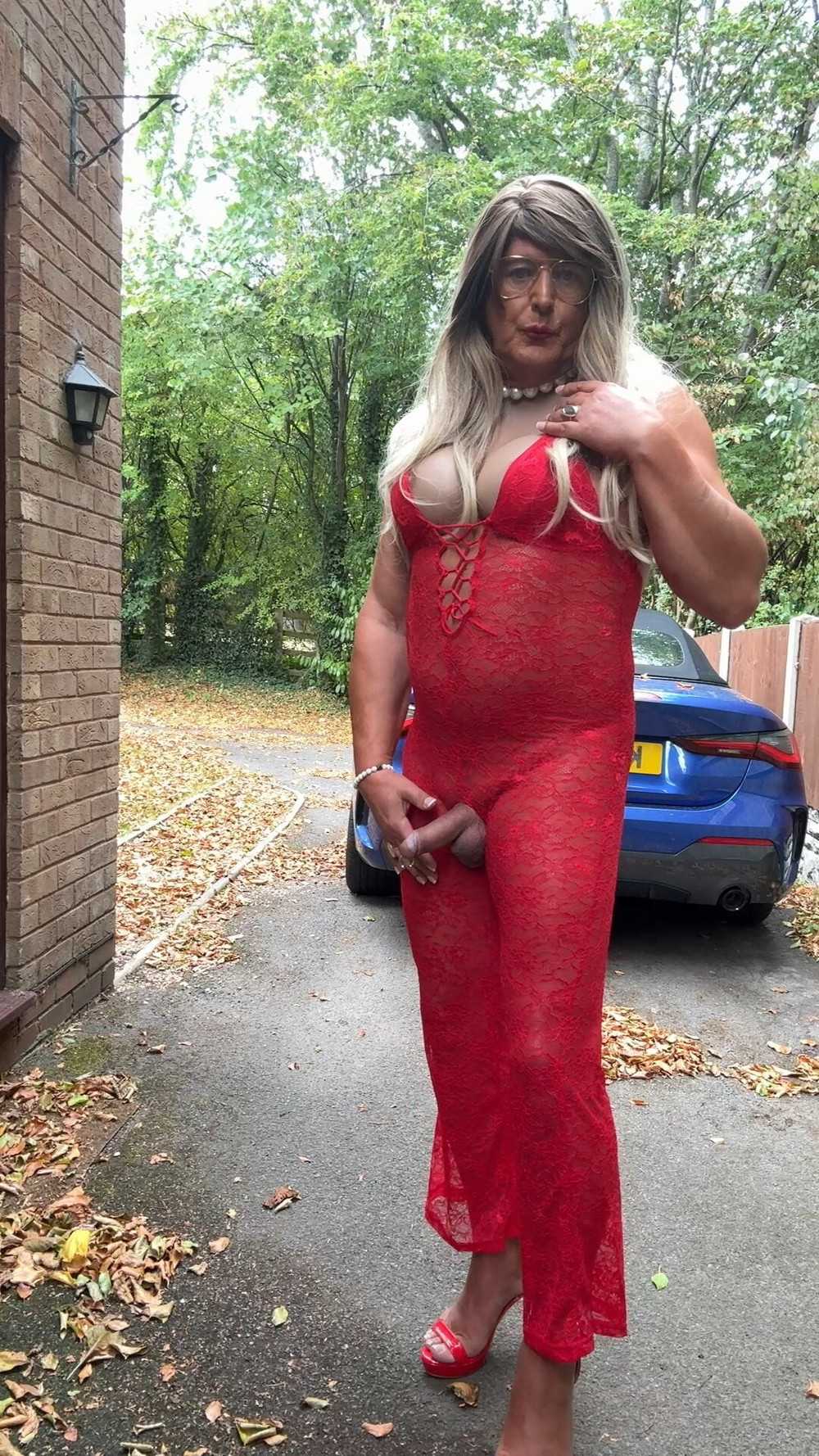 Sexy Crossdresser kellycd2022 in red lace jumpsuit and heels #31