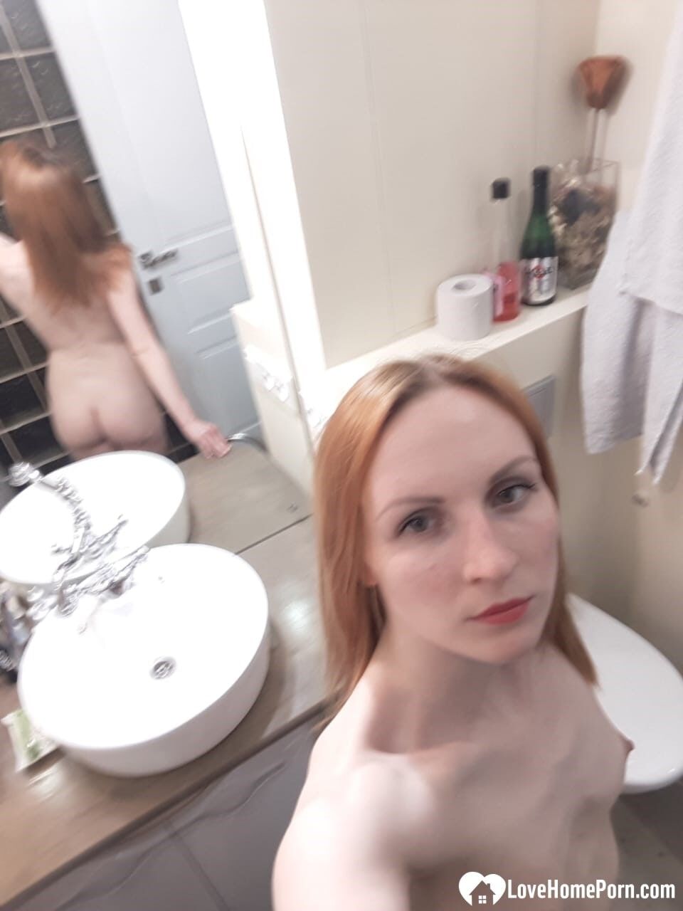 Skinny redhead girl posing in her bathroom naked #46