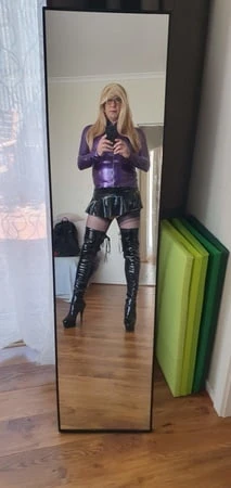 purple latex and long blonde         