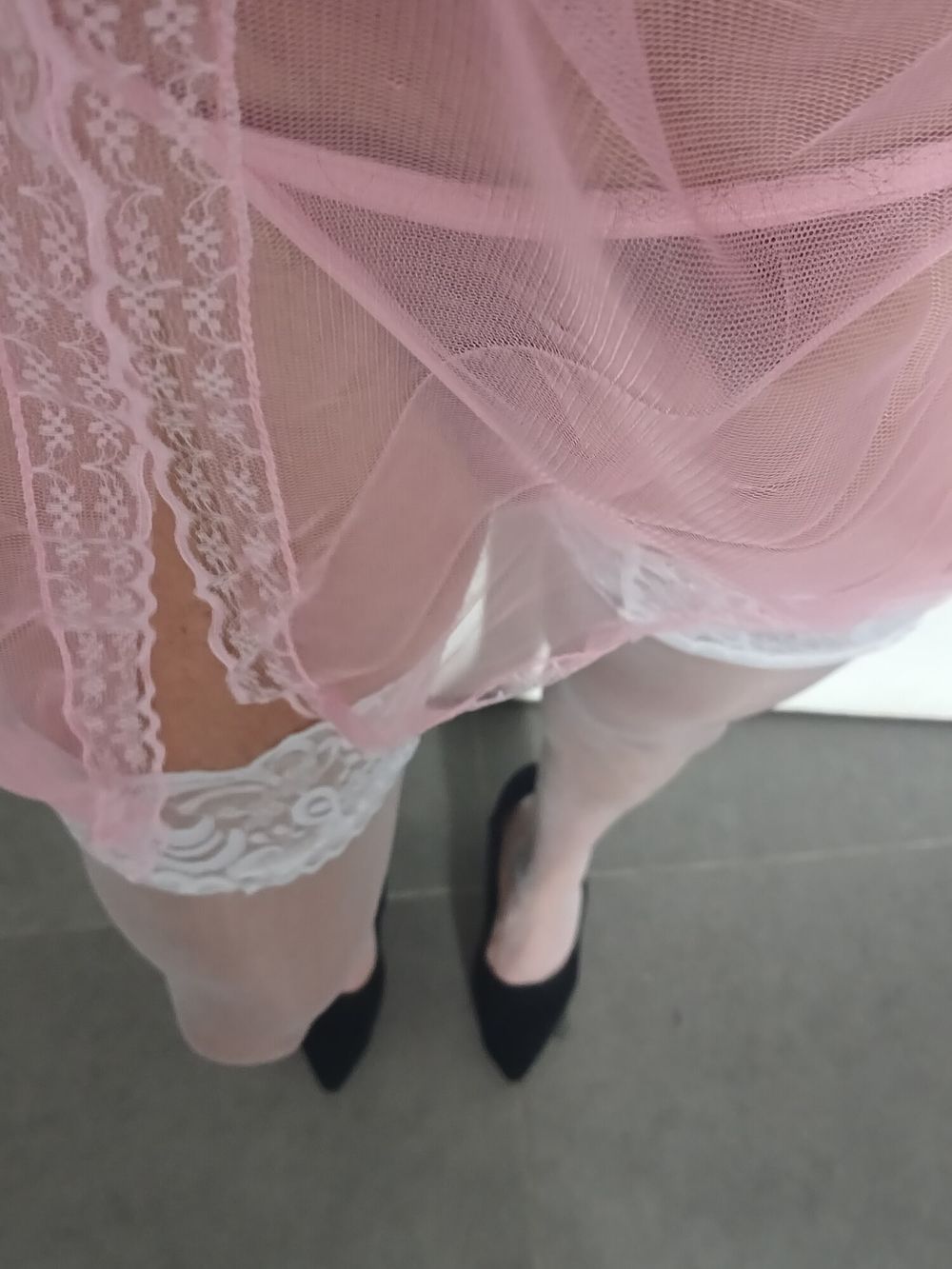 Transparent Pink nightie &amp;white stoking high heels  #7