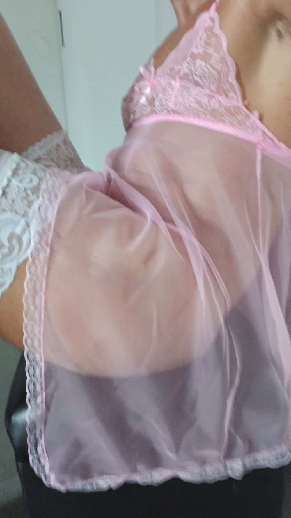 Transparent Pink nightie &amp;white stoking high heels #37