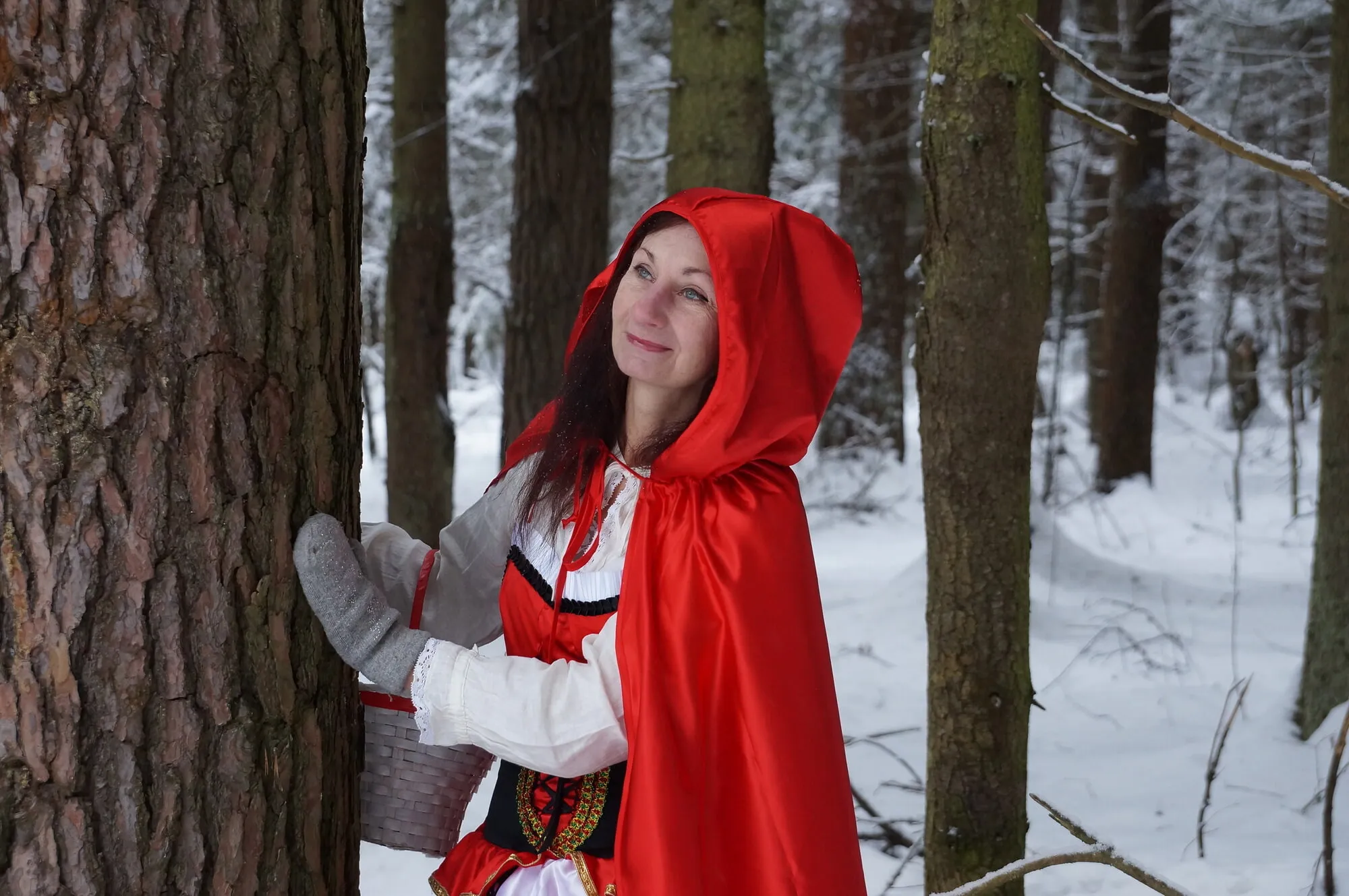 Little Red Riding Hood on a forest path