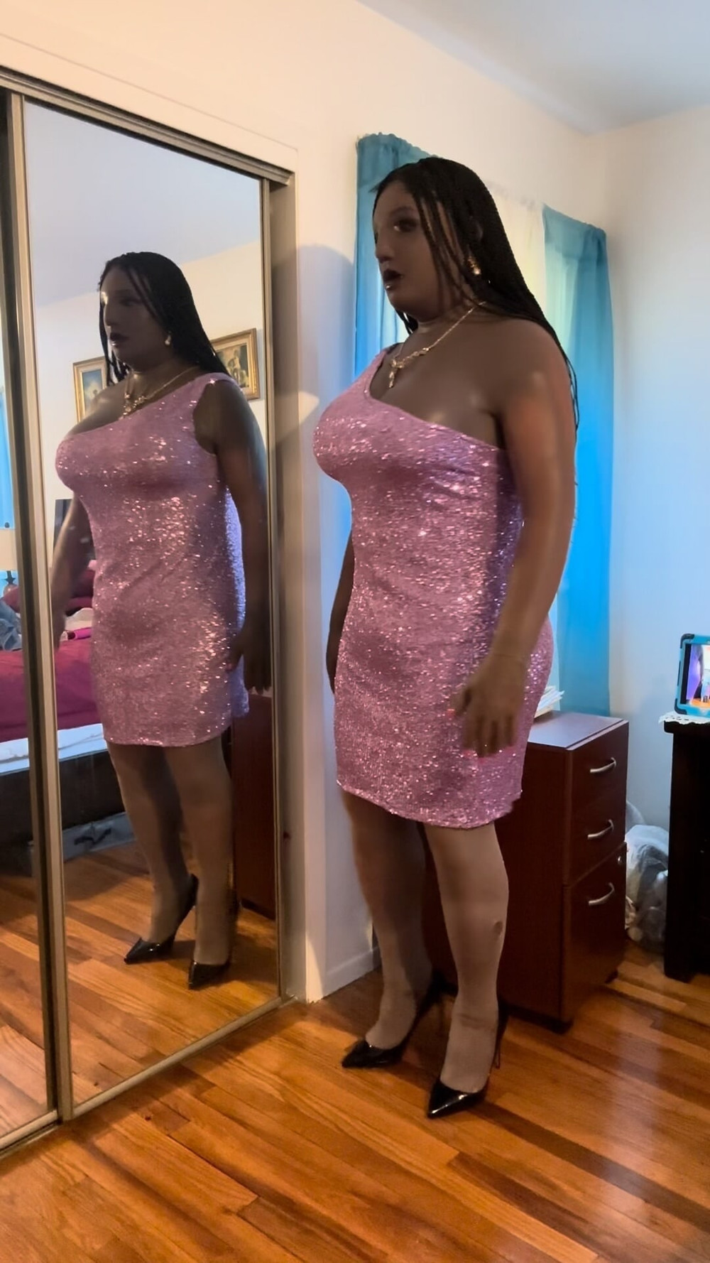 Danae in purple asymmetric glitter dress #7