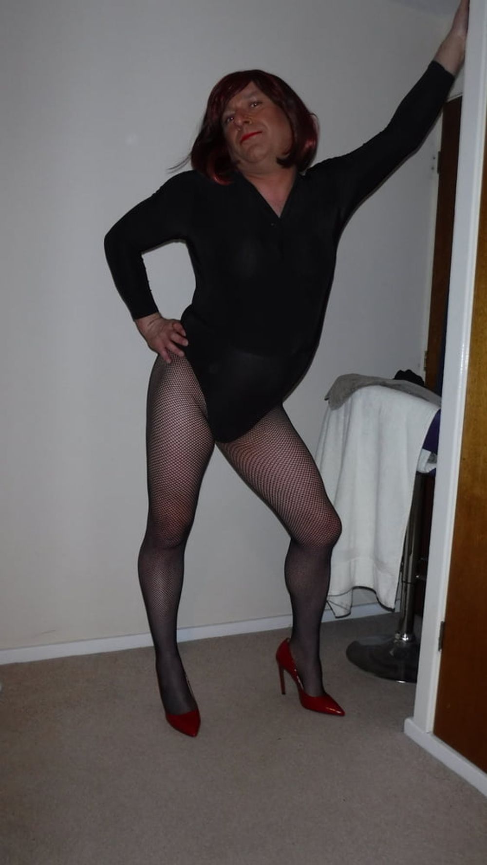 SISSY ROSIE IN FISHNET, RED HEELS AND BODYSUIT #9