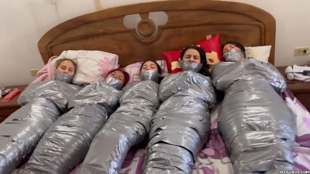 5 Mummified Girls Barefoot In Duct Tape Bondage #9