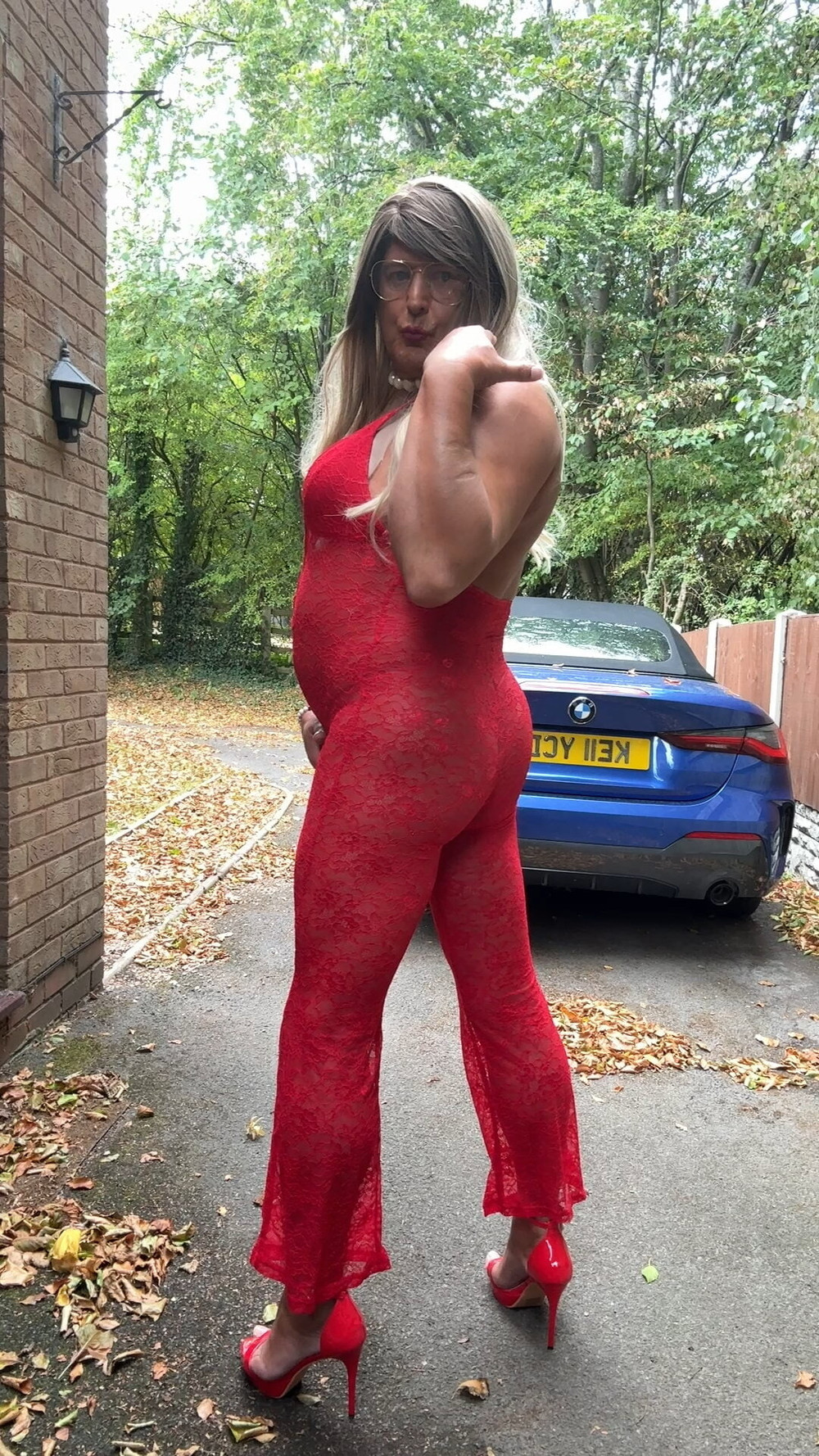 Sexy Crossdresser kellycd2022 in red lace jumpsuit and heels #6