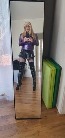 purple latex and long blonde         